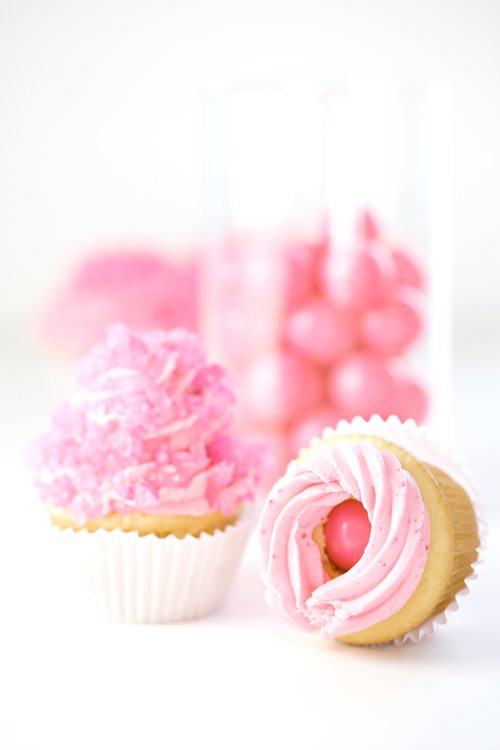 Post image for Bubble Gum Ball Surprise Cupcakes with Strawberry Swiss Meringue Buttercream & Pink Rock Candy Crystals